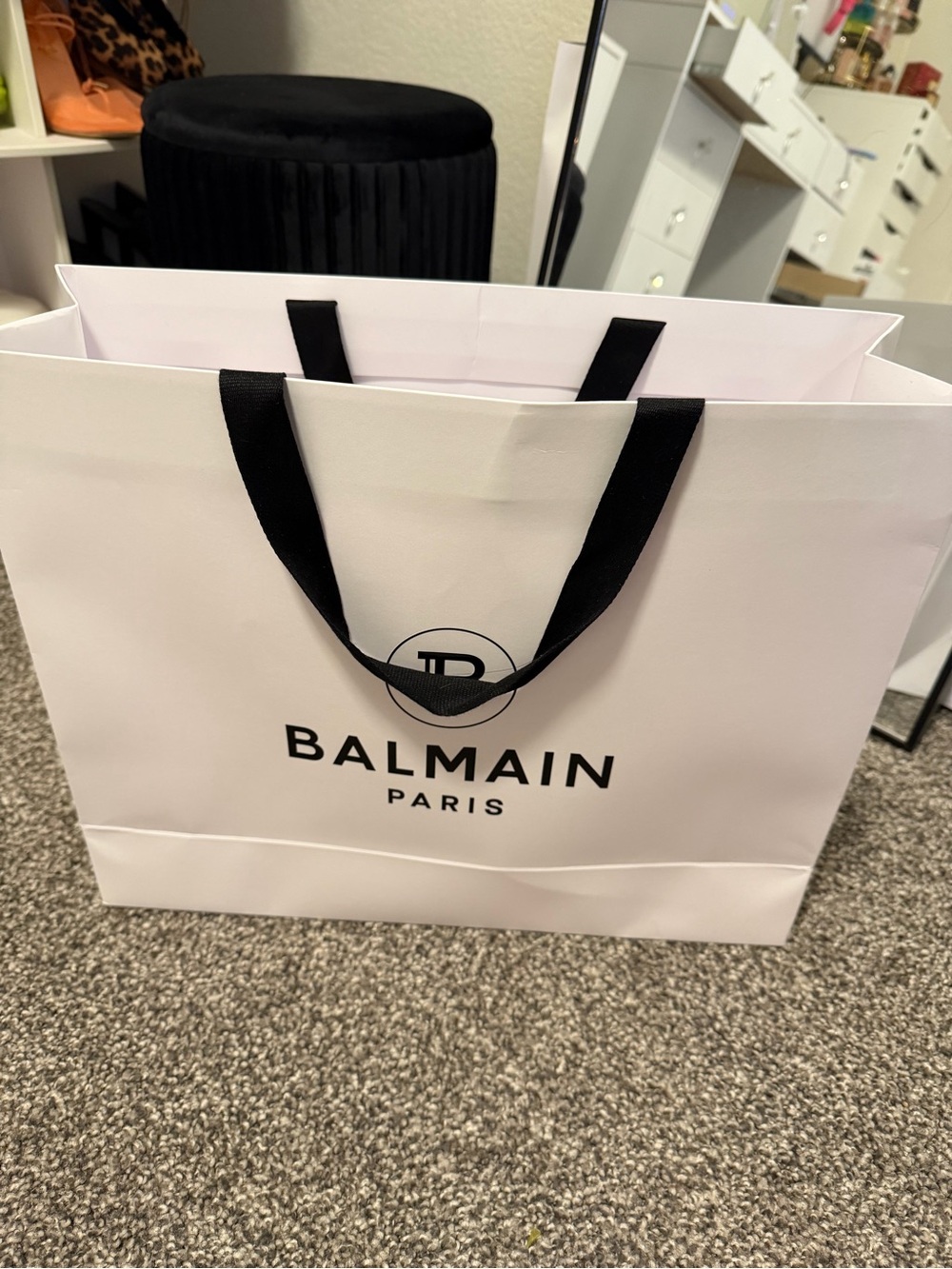 Balmain White Shopping Tote with Black Ribbon Handles